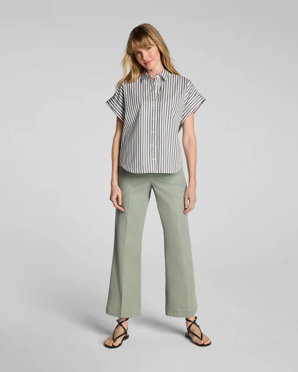 SPANX® Poplin Oversized Short Sleeve Button Down | Frosted Moss/Classic White Stripe