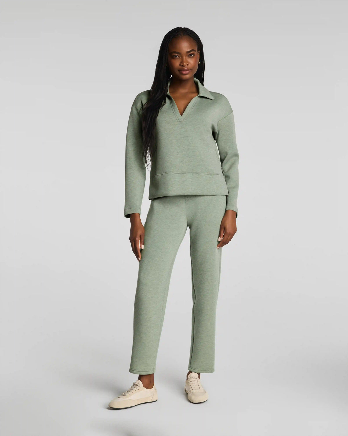 SPANX AirEssentials® Long Sleeve Polo Top | Sage Brush Heather