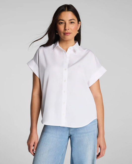 SPANX® Poplin Oversized Short Sleeve Button Down | Classic White