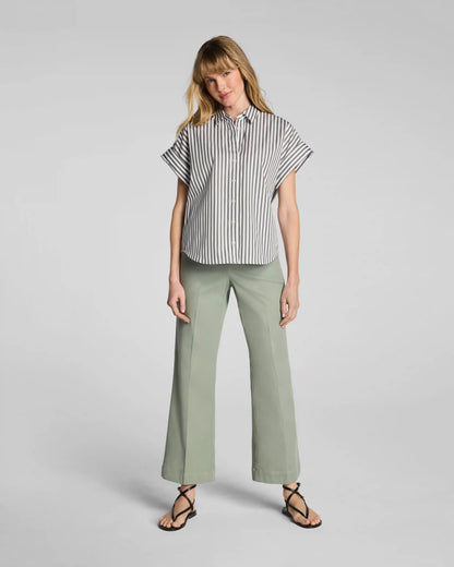 SPANX® Poplin Oversized Short Sleeve Button Down | Frosted Moss/Classic White Stripe
