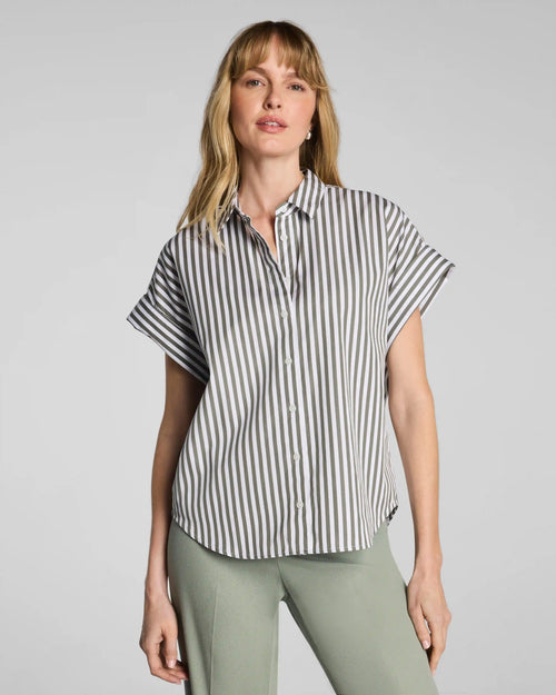 SPANX® Poplin Oversized Short Sleeve Button Down | Frosted Moss/Classic White Stripe