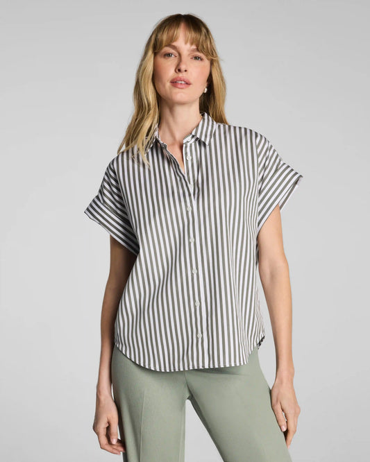 SPANX® Poplin Oversized Short Sleeve Button Down | Frosted Moss/Classic White Stripe