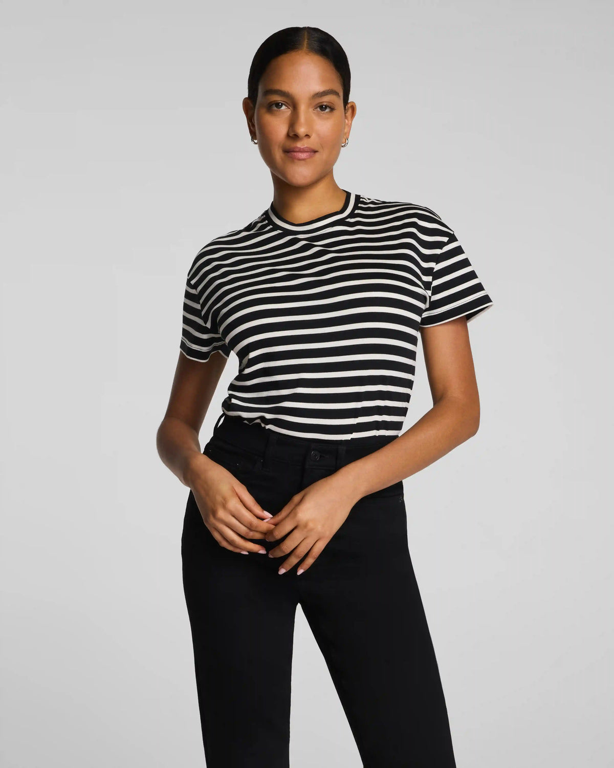 SPANX® Lightweight Cotton Short Sleeve Crewneck Bodysuit | Classic Black/Linen Stripe