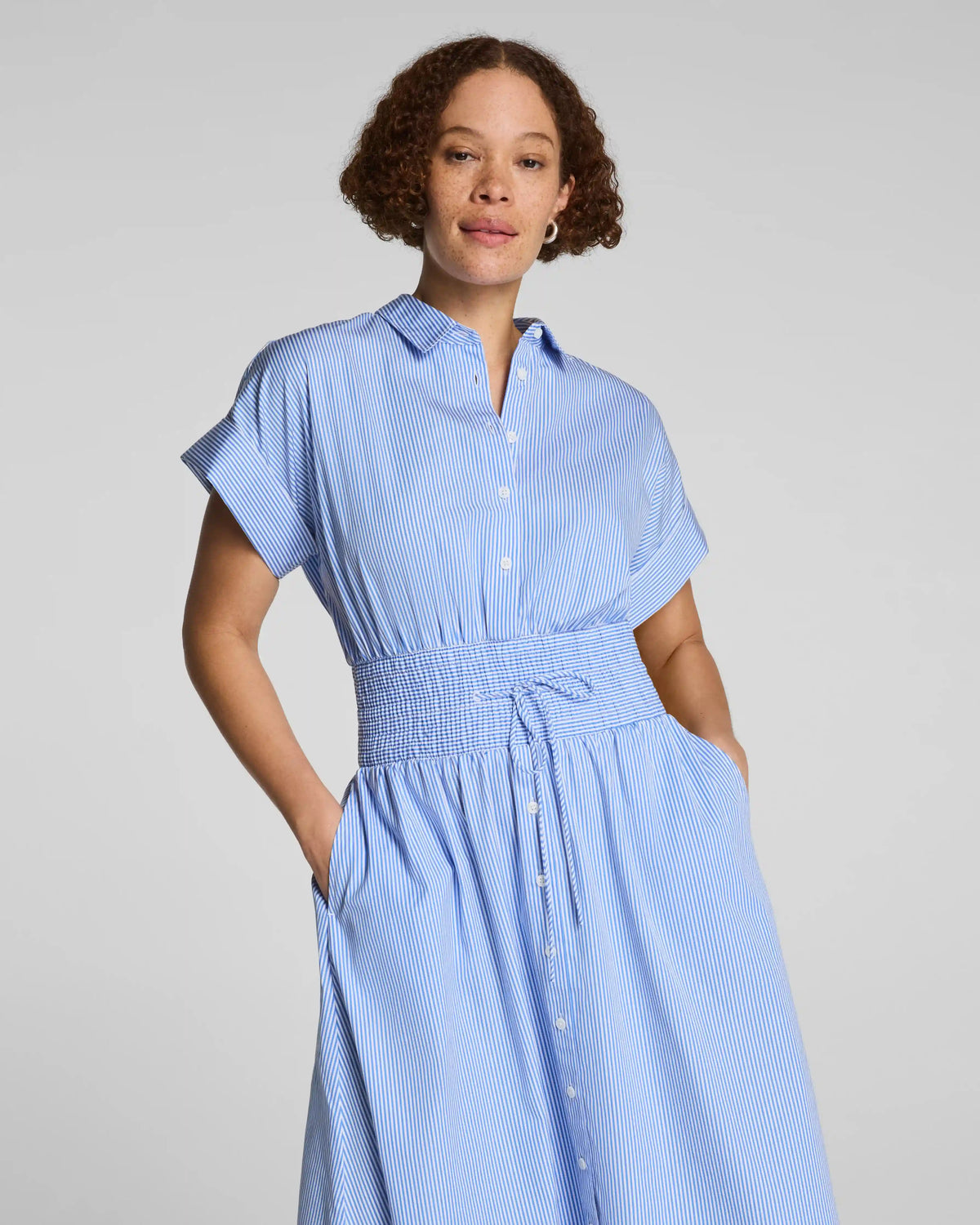 SPANX® Poplin Smocked Midi Shirt Dress | Aster/Classic White Stripe