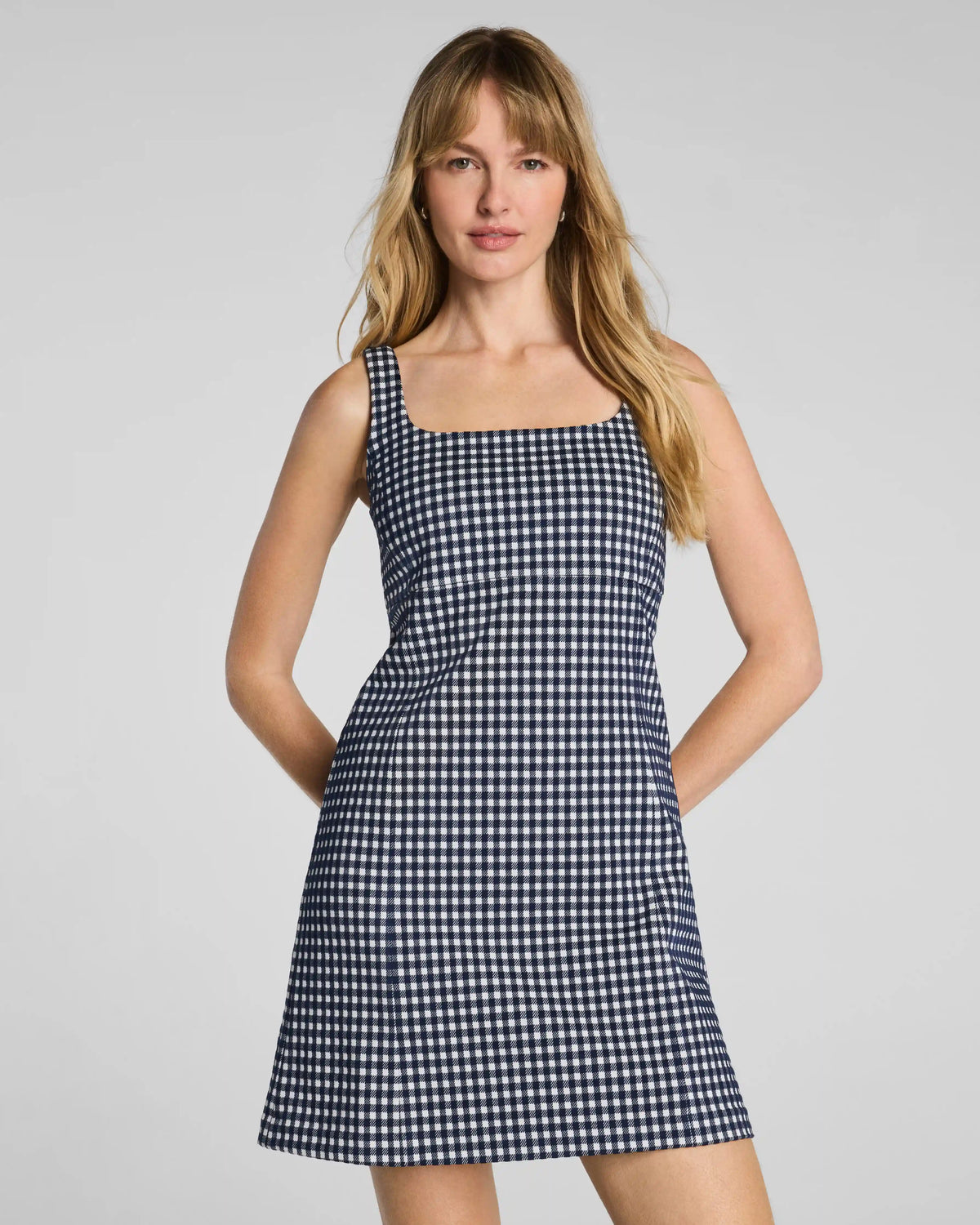SPANX® Ponte Jacquard Square Neck Mini Dress | Timeless Navy Gingham