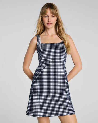 SPANX® Ponte Jacquard Square Neck Mini Dress | Timeless Navy Gingham
