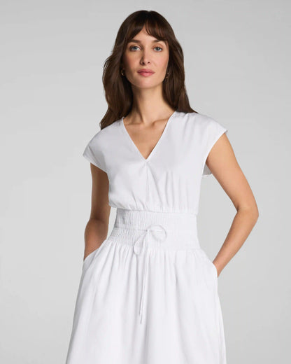 SPANX® Poplin V-Neck Smocked Midi Dress | Classic White